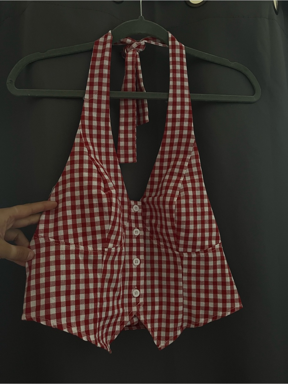 Red Gingham Halter Button-Front Crop Top